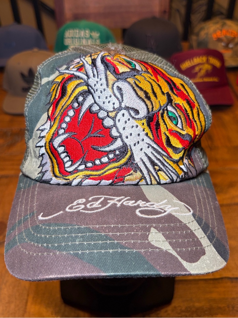 Ed Hardy Men’s Camo Trucker Hat with Embroidered Tiger - Green